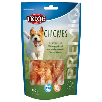 Ambalaj Trixie Chickies, 100 g, cu piept de pui. Text vizibil: '0% zahăr adăugat', 'fără gluten'. Imaginea arată bucățile de snack printr-o fereastră transparentă. Ambalaj Trixie Chickies, 100 g, cu piept de pui. Text vizibil: '0% zahăr adăugat', 'fără gluten'. Imaginea arată bucățile de snack printr-o fereastră transparentă.