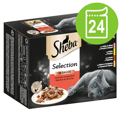 Упаковка Sheba Selection in Sauce, изображение блюда с кусочками в соусе, надпись на немецком и французском, значок 24 порции, фото серой кошки.