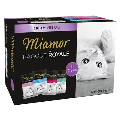 Miamor Ragout Royale en crema, 12 x 100g bolsitas. Variedades: con pollo, con pato, con salmón. El envase muestra un gato tumbado.