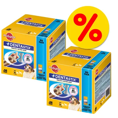Twee verpakkingen Pedigree Dentastix Big Pack, 56 sticks per doos, mini voor honden 5–10 kg. Gele kortingscirkel met rood procentteken zichtbaar.