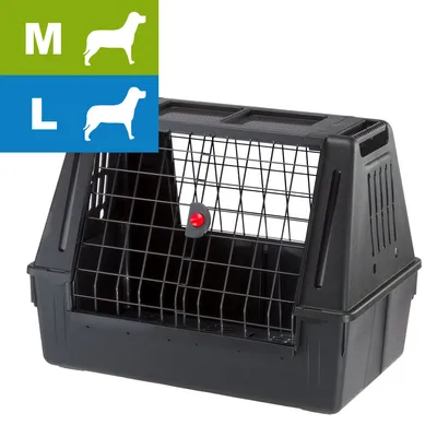 Transportbox mit Metallgitter und rotem Verschluss, geeignet für Hundegrößen M und L laut Symbolanzeige oben links. Transportbox mit Metallgitter und rotem Verschluss, geeignet für Hundegrößen M und L laut Symbolanzeige oben links.