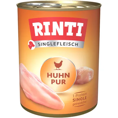 Rinti Singlefleisch Huhn Pur, bez obilovin, 1 protein. Zobrazeno: kuřecí maso a název produktu na konzervě.