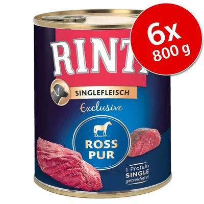 RINTI Singlefleisch Exclusive Ross Pur, 6x800 g. Dåse med billede af kød og tekst: 1 Protein Single, getreidefrei. RINTI Singlefleisch Exclusive Ross Pur, 6x800 g. Dåse med billede af kød og tekst: 1 Protein Single, getreidefrei.