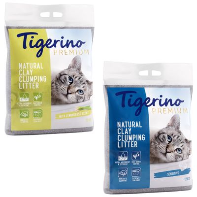 Pakiet mieszany Tigerino Premium, 2 x 12 kg Zapach trawy cytrynowej + żwirek nieperfumowany