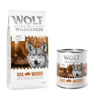 Wolf of Wilderness Kombi-Paket: Adult Trockenfutter + passende Nassfutter - 12 kg Oak Woods - Wildschwein + 24 x 800 g Oak Woods - Wildschwein