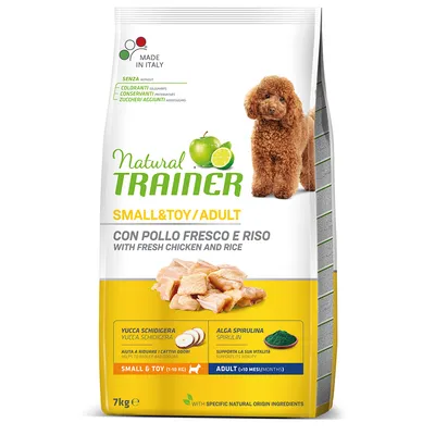 Sac Natural Trainer Small & Toy Adult, con pollo fresco e riso, 7 kg. Sans colorants, conservateurs ni sucres ajoutés. Ingrédients visibles : yucca schidigera, spiruline. Made in Italy.