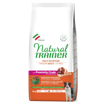 Natural Trainer Daily Nutrition Medium Adult >12 månader, med Prosciutto Crudo. Ingredienser av naturligt ursprung, utan färgämnen, konserveringsmedel och tillsatt socker. Förpackning 12 kg.