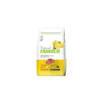 Natural Trainer con manzo e riso, Small & Toy, carne di manzo visibile sulla confezione, indicazioni: bocca sensibile pollo escluso, alga spirulina, per cani di piccola taglia.