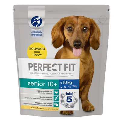 Confezione Perfect Fit senior 10+ <10 kg, sistema cardiaco sano, mobilità articolare, taglia crocchette adattata, total 5, ricco in pollo. Testo anche in francese, tedesco, olandese.
