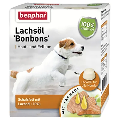 beaphar Lachsöl 'Bonbons', 100% natürlich, Schafsfett mit Lachsöl (10%), Haut- und Fellkur. Texto en alemán. Imagen de perro y trozos de salmón con gotas de aceite.