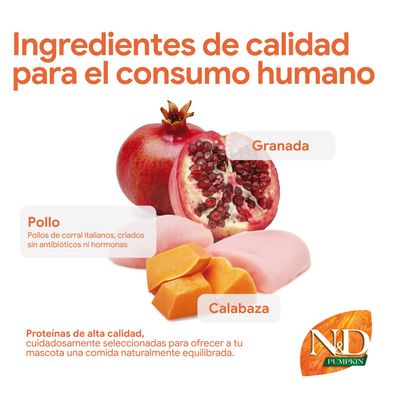 Ingredientes: granada, carne de pollo sin antibióticos ni hormonas, calabaza. Proteínas de alta calidad, cuidadosamente seleccionadas para una alimentación equilibrada y natural para mascotas. N&D Pumpkin.