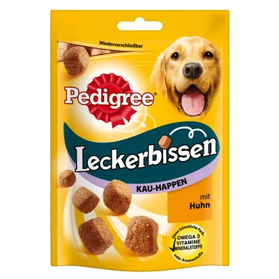 Pedigree Leckerbissen KAU-HAPPEN mit Huhn. OMEGA 3, VITAMINE, MINERALSTOFFE. Uden kunstige farver eller aromastoffer. Billede af hund og godbidder på posen.
