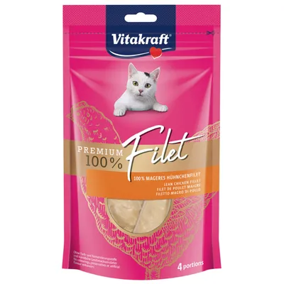 Vitakraft Premium 100% Filet, filet de poulet maigre pour chat, sachet rose avec image de chat et 4 portions visibles sur l’emballage.
