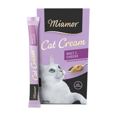 Miamor Cat Cream Malt & Cheese, caja con imagen de gato blanco y sobre individual. Texto visible: 'MALT & CHEESE', 'VERDAUUNGSFÖRDERND', '+ Malz extrakte', 6x15g. Miamor Cat Cream Malt & Cheese, caja con imagen de gato blanco y sobre individual. Texto visible: 'MALT & CHEESE', 'VERDAUUNGSFÖRDERND', '+ Malz extrakte', 6x15g.