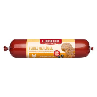 Fleischeslust Feines Geflügel met zoete aardappel, bosbessen en kamille. 100% vers pluimveevlees. Alleinfuttermittel. Tekst in het Duits.