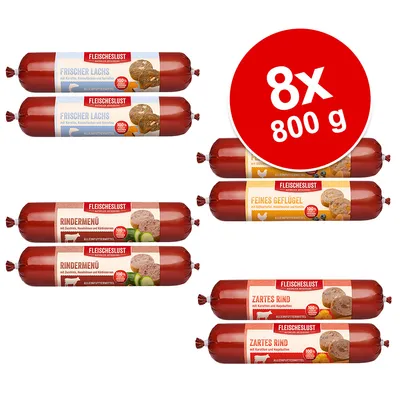 Fleischeslust assorted dog food rolls, visible flavours: Frischer Lachs, Feines Geflügel, Rindermenü, Zartes Rind. 8 x 800 g pack shown in red circle. Labels in German.