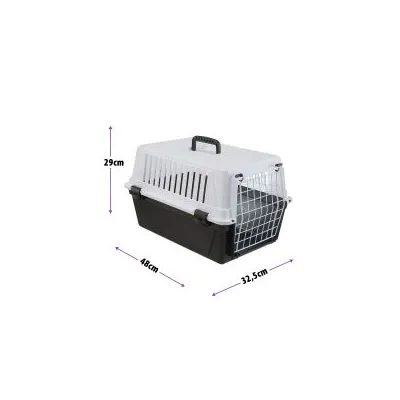 Transportbox mit den Maßen 48 cm Länge, 32,5 cm Breite und 29 cm Höhe, abgebildet mit Metallgittertür und Tragegriff.