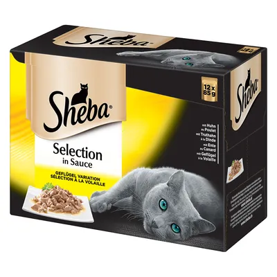Опаковка Sheba Selection in Sauce, 12 x 85 г. Видими са парчета месо в сос и изображение на сива котка. Текст: Geflügel, Variation, Sélection à la Volaille.