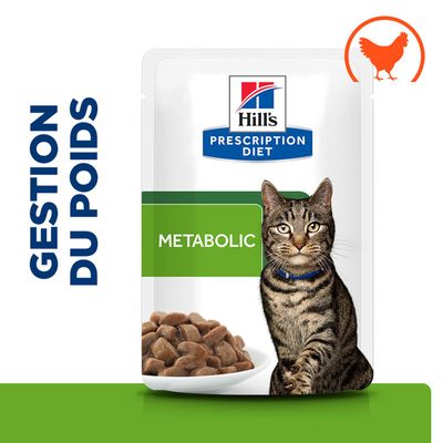 Hill's Prescription Diet Metabolic nourriture pour chat au poulet, illustration d'un chat et de morceaux de nourriture, texte : Gestion du poids.