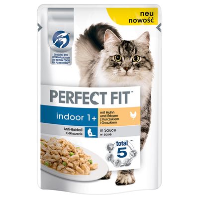 Perfect Fit Indoor 1+ en bolsitas para gatos Pollo y guisantes - 12 x 85 g