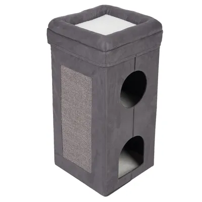 Grå klösträd med två grottor, sidomonterad sisal-klösbräda och vadderad liggyta upptill.
