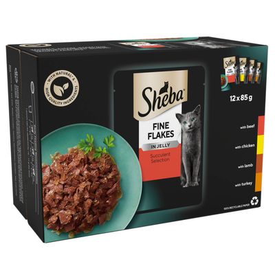 Sheba Sauce Collection Succulent Selection, 12 x 85g. Includes beef, chicken, lamb and turkey varieties. Made with natural quality ingredients. Product packaging and food shown.