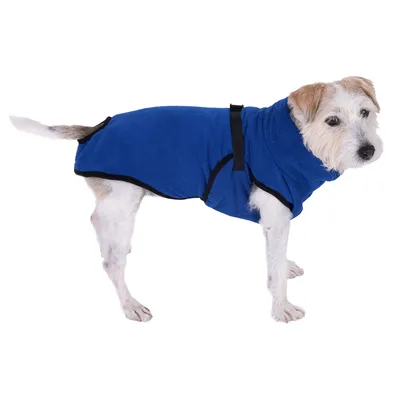 Hundemantel in Blau mit schwarzem Verschluss, vollständig sichtbar am Körper eines Hundes.