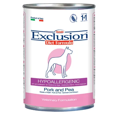 Dorado Exclusion Diet Formula Hypoallergenic Pork and Pea vådfoder til hunde. Produkt of Italy, Grain Free, Veterinary Formulation. Tekst på engelsk og flere sprog synlig.