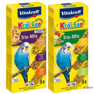 Vitakraft Kräcker Trio-Mix för undulater, två förpackningar med smaker: ägg & gräsfrö, aprikos & fikon, honung & sesam samt sesam & banan, örter & paprika, kiwi & citrus. 3x per förpackning.
