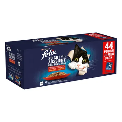 Boîte Felix So Gut Wie Es Aussieht Aussi Bon Que Beau, 44 sachets jumbo pack, sélection de la campagne en gelée : bœuf, poulet, canard, agneau. Texte partiellement en allemand.