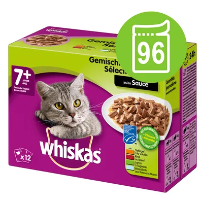 Συσκευασία Whiskas για γάτες 7+ ετών, με εικόνα γάτας, πιάτο με τροφή σε σάλτσα, ένδειξη 96 φακελάκια, ορατά συστατικά: πουλερικά, βοδινό, αρνί, λευκά ψάρια. Κείμενο στα γερμανικά/γαλλικά.