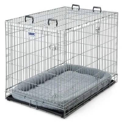 Savic Metallkäfig mit grauem gepolstertem Bett und Tragegriffen, geeignet für Haustiere. Käfig mit Gitterdesign und sicherem Verschluss.