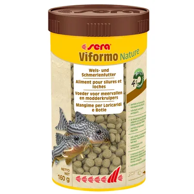 Sera Viformo Nature, foder til maller og smerlinger, netto 160 g, naturlige ingredienser, egnet til loricariider og botia. Emballagen viser fisk og foderpiller.