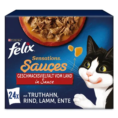 Purina Felix Sensations Sauces, 24x com peru, vaca, cordeiro, pato. Texto em alemão: Geschmacksvielfalt vom Land in Sauce. Imagem de comida húmida para gato e gato preto e branco.