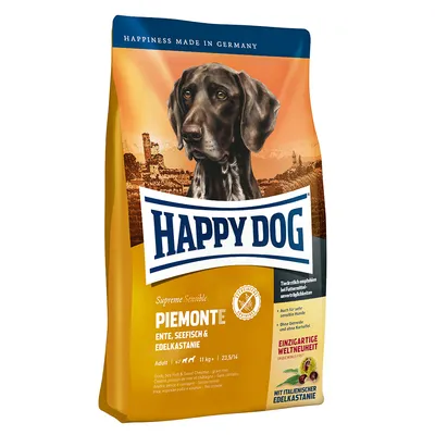 Happy Dog Supreme Sensible Piemonte koiranruokapakkaus, näkyvissä tekstit: Ente, Seefisch & Edelkastanie, 11 kg, aikuisille. Mukana kuva koirasta ja kastanjasta.