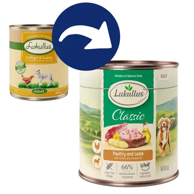 Produktänderung von Lukullus Geflügel & Lamm zu Lukullus Classic Poultry and Lamb, 800g Dose, Adult, getreidefrei, 66% tierische Zutaten, mit Kartoffeln und Leinöl. Produktänderung von Lukullus Geflügel & Lamm zu Lukullus Classic Poultry and Lamb, 800g Dose, Adult, getreidefrei, 66% tierische Zutaten, mit Kartoffeln und Leinöl.