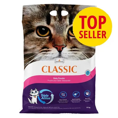 Arena para gatos Intersand Classic Baby Powder, Triple Action, control de olores, aglomeración fuerte, sin polvo, 14 kg. Sello amarillo: TOP SELLER.