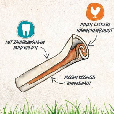 Kaurolle mit bissfester Rinderhaut außen, innen leckere Hähnchenbrust. Enthält zahnreinigende Mineralien.