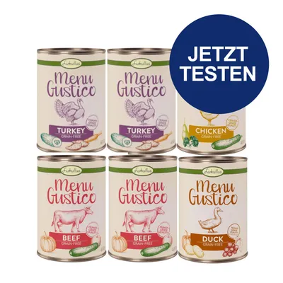 Sechs Dosen Lukullus Menu Gustico: Turkey, Chicken, Beef und Duck, alle getreidefrei. Blauer Kreis mit Text 'Jetzt testen'. Sechs Dosen Lukullus Menu Gustico: Turkey, Chicken, Beef und Duck, alle getreidefrei. Blauer Kreis mit Text 'Jetzt testen'.
