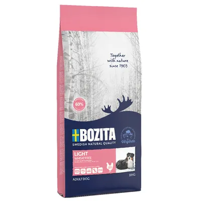 Bozita Swedish Natural Quality Light Wheatfree til voksne hunde, 10 kg. Indeholder 60% kylling, 19% protein, 7% fedt. Uden hvede, produceret i Sverige. Emballage med hundebillede.
