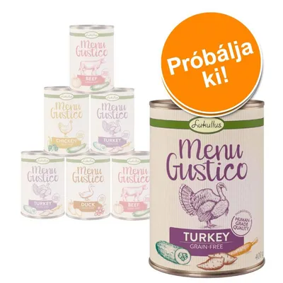 Lukullus Menu Gustico konzervválogatás: Beef, Chicken, Turkey, Duck. Előtérben pulykahúsos változat, 400 g. Narancssárga kör: Próbálja ki!