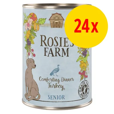 Rosie's Farm Comforting Dinner Turkey Senior, getreidefreie Rezeptur, 24x Dosen. Illustration mit Hund, Truthahn und Blumen.