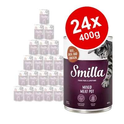 Smilla Mixed Meat Pot cat food, beef duck and chicken, 24 x 400g cans. Visible text: contains taurine, grain-free, made in Germany. Smilla Mixed Meat Pot cat food, beef duck and chicken, 24 x 400g cans. Visible text: contains taurine, grain-free, made in Germany.