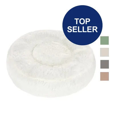 Rundes weißes Kuschelbett mit weicher Oberfläche. Farboptionen: Grün, Beige, Grau, Braun. Text 'Top Seller' in blauem Kreis.