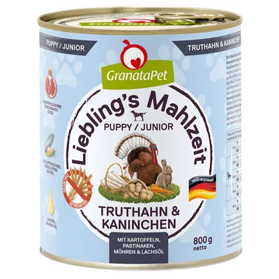 GranataPet Liebling's Mahlzeit Puppy/Junior pulyka és nyúl, burgonyával, paszternákkal, répával és lazacolajjal. Német gyártás, 800g nettó, gabonamentes. GranataPet Liebling's Mahlzeit Puppy/Junior pulyka és nyúl, burgonyával, paszternákkal, répával és lazacolajjal. Német gyártás, 800g nettó, gabonamentes.