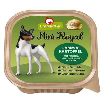 GranataPet Mini Royal Lamm & Kartoffel kutyaeledel, mit fenchel, hüttenkäse und olivenöl. Ohne Getreide, Granatapfelkerne, Grünlippmuschel. Hergestellt in Deutschland.