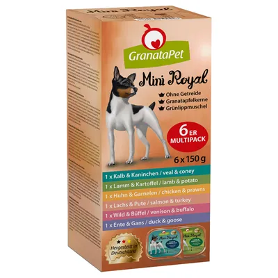 GranataPet Mini Royal 6er multipack hondenvoer, 6 x 150 g. Smaken: kalf & konijn, lam & aardappel, kip & garnalen, zalm & kalkoen, wild & buffel, eend & gans. Zonder granen.