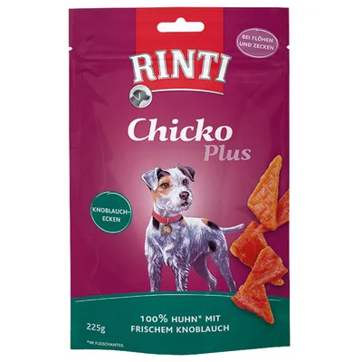 Rinti Chicko Plus hvidløgshjørner, 225g. 100% kylling med frisk hvidløg. Bemærk: Ved lopper og flåter.