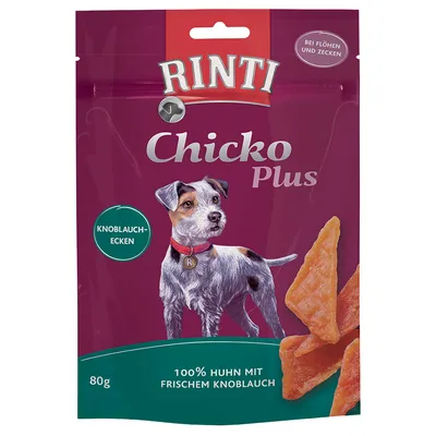 Emballage Rinti Chicko Plus, texte visible : Knoblauch-Ecken, 80g, 100% Huhn mit frischem Knoblauch, Bei Flöhen und Zecken. Tranches de friandises visibles.