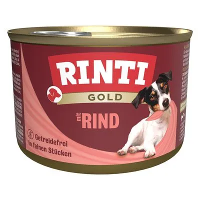 Blik Rinti Gold met rund, afbeelding van hond, tekst: Getreidefrei, In feinen Stücken, mit Rind. Tekst deels in het Duits. Blik Rinti Gold met rund, afbeelding van hond, tekst: Getreidefrei, In feinen Stücken, mit Rind. Tekst deels in het Duits.